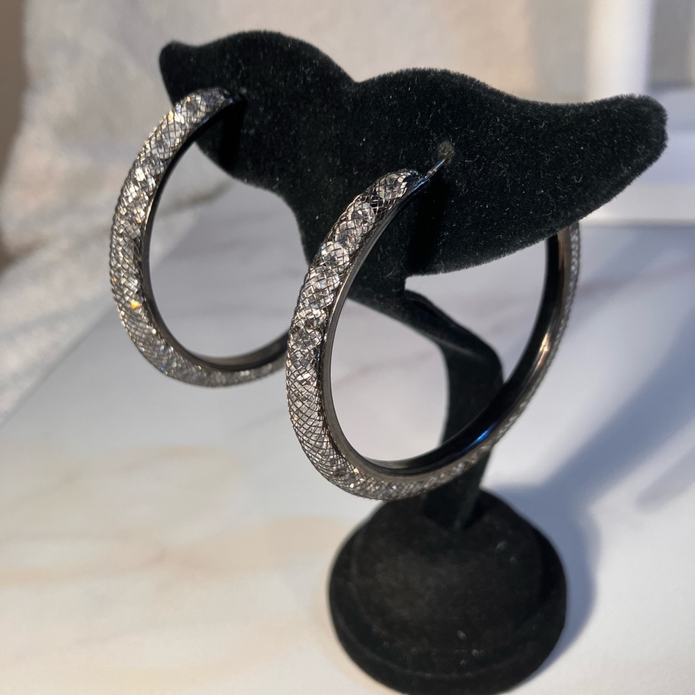 Zara hoops. Tiny shimmery cubic zirconias caught in fine mesh. Set in Hematite
